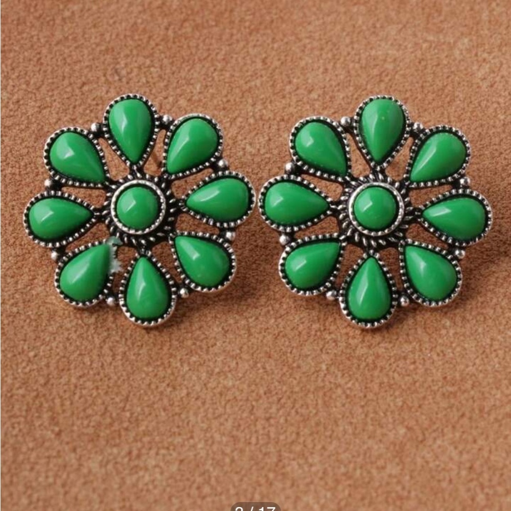 Western Boho Coastal Cowgirl Faux Turquoise Green Floral Stud Earrings